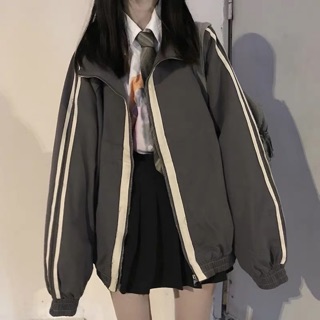 預購*日系工裝拉鍊條紋運動外套 棒球外套 個性 暗黑 硬妹 原宿風 韓版 少女休閒個性百搭 上衣 夾克