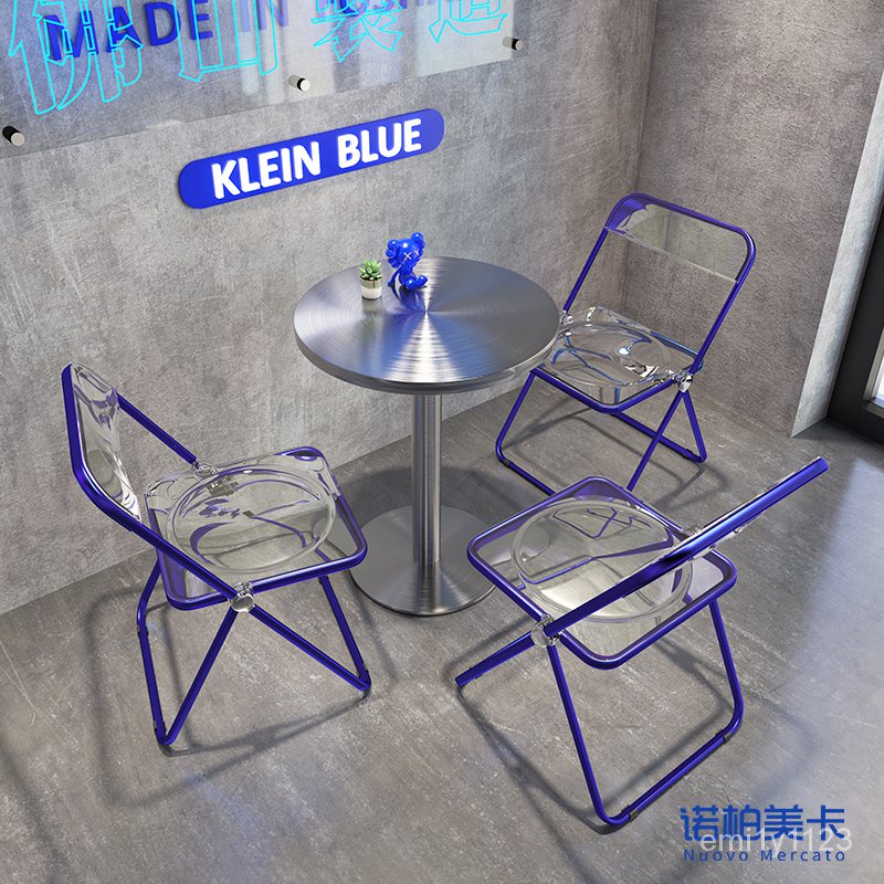 【限時免運】克萊因藍桌椅網紅水泥工業風咖啡店椅子奶茶店不銹鋼圓桌一桌三椅
