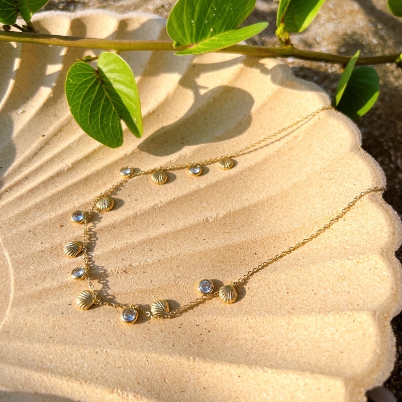 【NEDIVA】預購❋夏日渡假感復古貝殼金屬鑽石項鍊 18k金貝殼吊飾鑽石項鍊 白鑽/彩鑽2色 | 項鍊