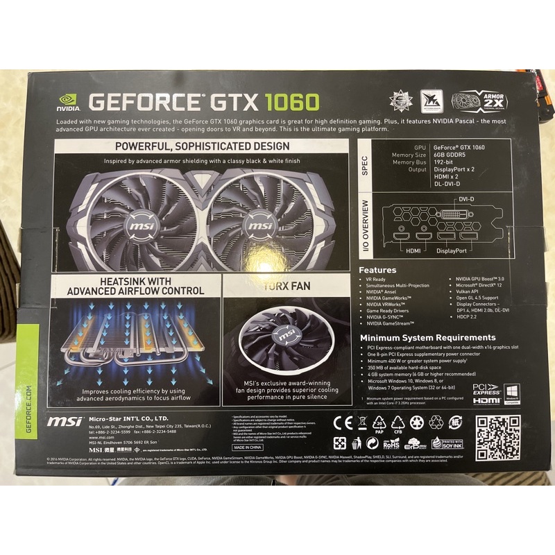 微星MSI NVIDIA GeForce GTX 1060 6G 盒裝完整