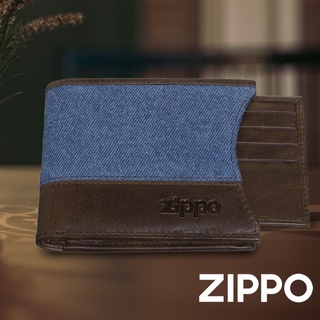 ZIPPO 丹寧藍棕色雙折皮夾(可抽夾層) 皮件皮夾 錢包 男士短夾 男生皮夾 防盜皮夾 牛皮皮夾 2007141