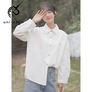 白色襯衫女設計感小眾長袖外穿學生上衣印花秋季韓版寬松百搭襯衣