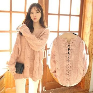 ***免運費***☆╮全新品╭☆ 轉賣**【正韓】Rachel's Shop 禮物女孩 背後交叉綁帶麻花編織寬鬆長袖毛衣