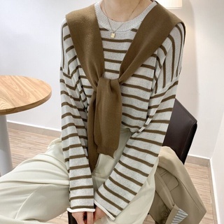 韓版條紋長袖針織衫 寬鬆毛衣T恤 圓領上衣+披肩