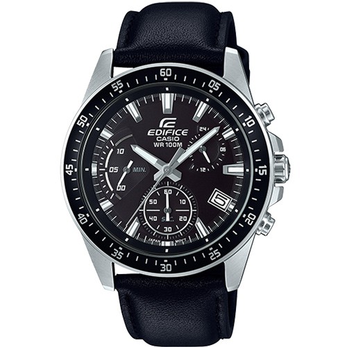 【CASIO】EDIFICE 大器沉穩經典風格真皮腕錶-黑(EFV-540L-1A)正版宏崑公司貨