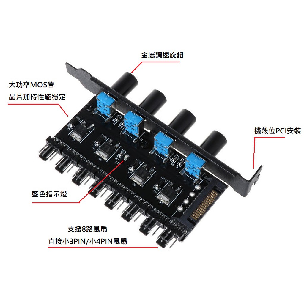 現貨附發票 電腦風扇調速器 小3PIN 小4PIN調速 PCI位安裝 大4PIN SATA風扇集線器無級調速