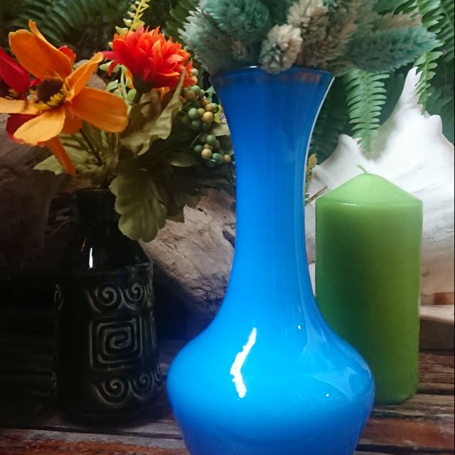 歐洲老件手工綠瓷花瓶 藍色玻璃花瓶
