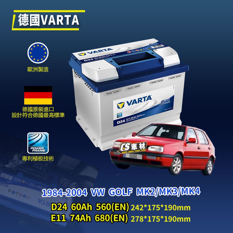 CS車材-VARTA 華達電池 適用 VW GOLF MK2 MK3 MK4 84-04 代客安裝 非韓製