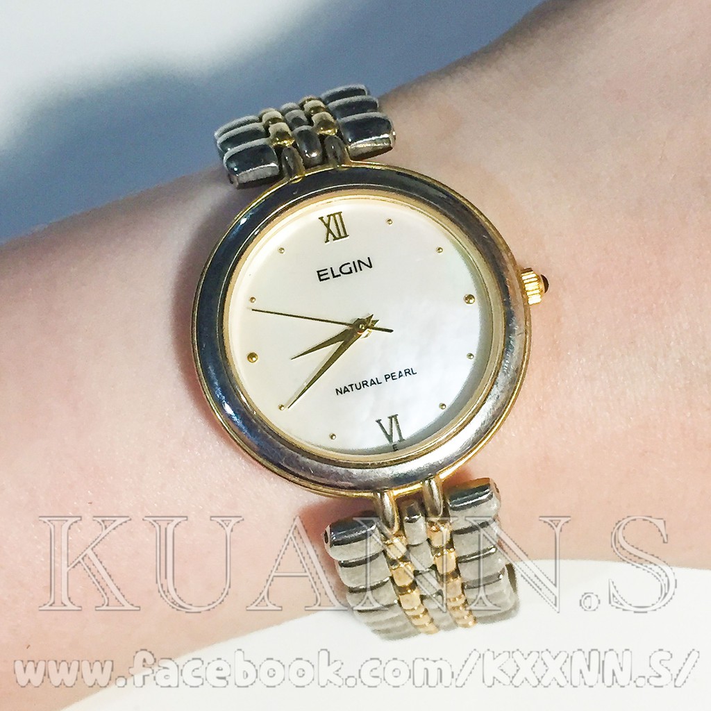 ::KUANN 於小飾::ELGIN 古典 珍珠母貝 珠光 金色 石英錶 | 古董錶 復古錶 大錶 圓錶