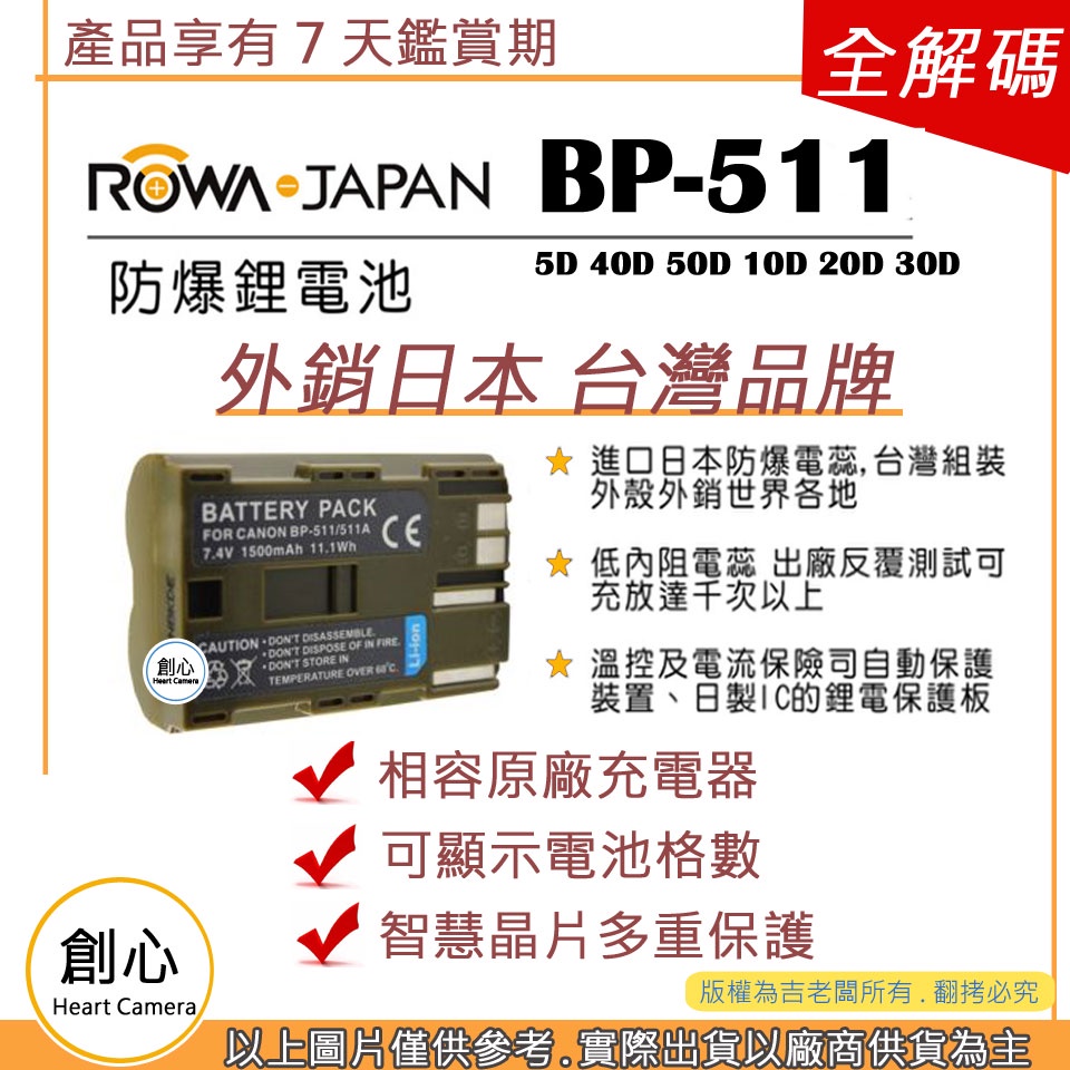 創心 ROWA樂華 CANON BP511 BP-511 電池 5D 40D 50D 10D 20D 30D 300D