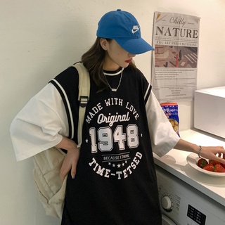 長款假兩件棒球服 韓系字母印花 oversize上衣 百搭寬鬆 短袖T恤女 ins風超火上衣 顯瘦球服 3色入