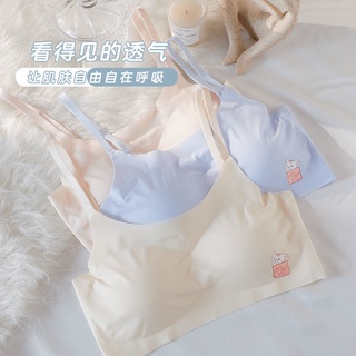 發育期女童內衣 無痕冰絲吊帶背心文胸 可調節肩帶無鋼圈裹胸 可拆卸胸墊 可愛卡通貓咪印花 學生國中高中背心 免運內衣