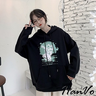 【HanVo】螢光太空人長袖帽T 日常舒適休閒長袖大學T 韓系百搭寬鬆薄款連帽上衣 女生衣著 A02-1784