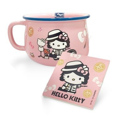 Hello Kitty 仿琺瑯 造型 杯碗組 大杯碗+杯墊組 法國 時尚風 粉色 7-11 陶瓷 三麗鷗 變裝系列