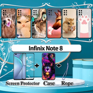 2 合 1 Infinix Note 8 手機殼帶鋼化玻璃曲面陶瓷螢幕保護膜貓狗