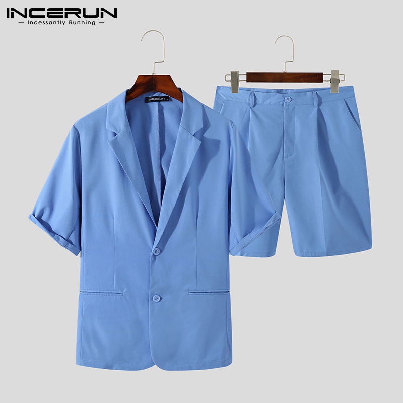 INCERUN男士時尚韓版短袖西裝外套+短褲街頭套裝