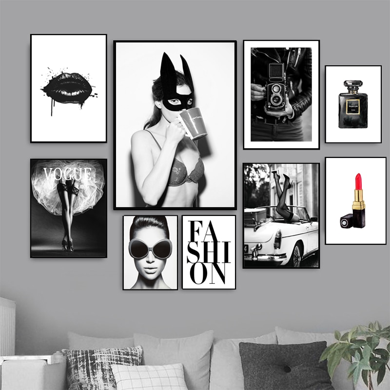 現代時尚黑白牆藝術海報印刷裝飾畫性感女士帆布畫美學版畫房間裝飾