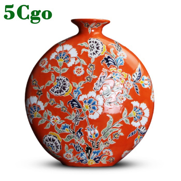 5Cgo 新中式花鳥陶瓷花瓶插花擺件現代歐式裝飾品玄關桌電視櫃茶几博古架中國紅橘紅花器設計師花器花架
