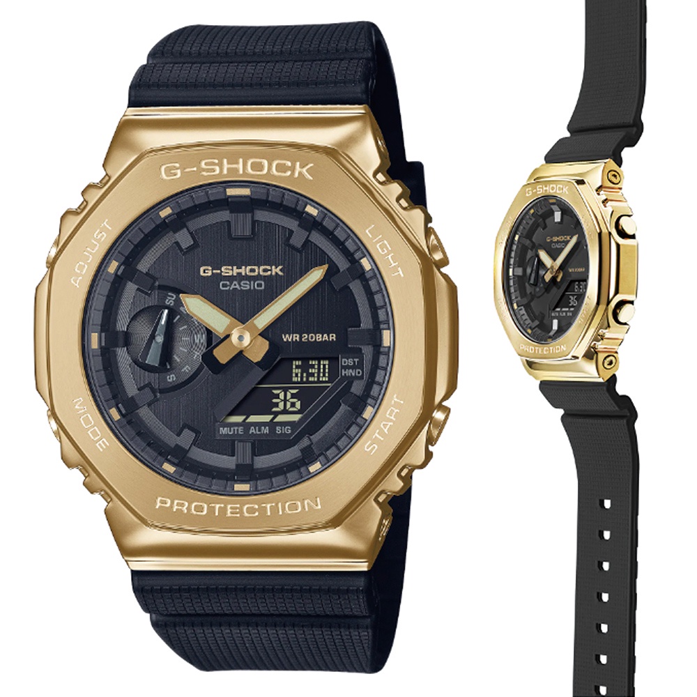 【CASIO 卡西歐】G-SHOCK 時尚經典八角型 金屬錶殼雙顯錶-黑金(GM-2100G-1A9)