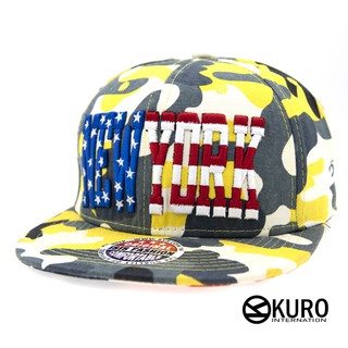 KURO-SHOP潮流新風格-黃、灰迷彩 NEW YORK 美國旗 電繡 棒球帽 板帽