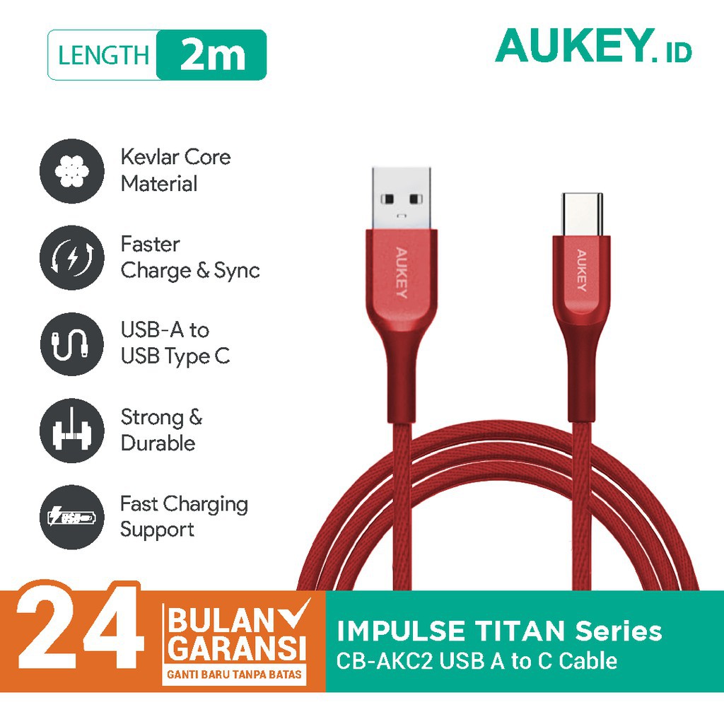 C 型 Aukey CB-AKC2 QC 2.0 Kevlar 電纜 2M 紅色 500448