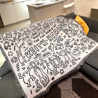 凱斯哈林 黑白塗鴉 大師 Keith haring 裝飾 掛毯 沙發床 蓋毯 毛毯 針織毯