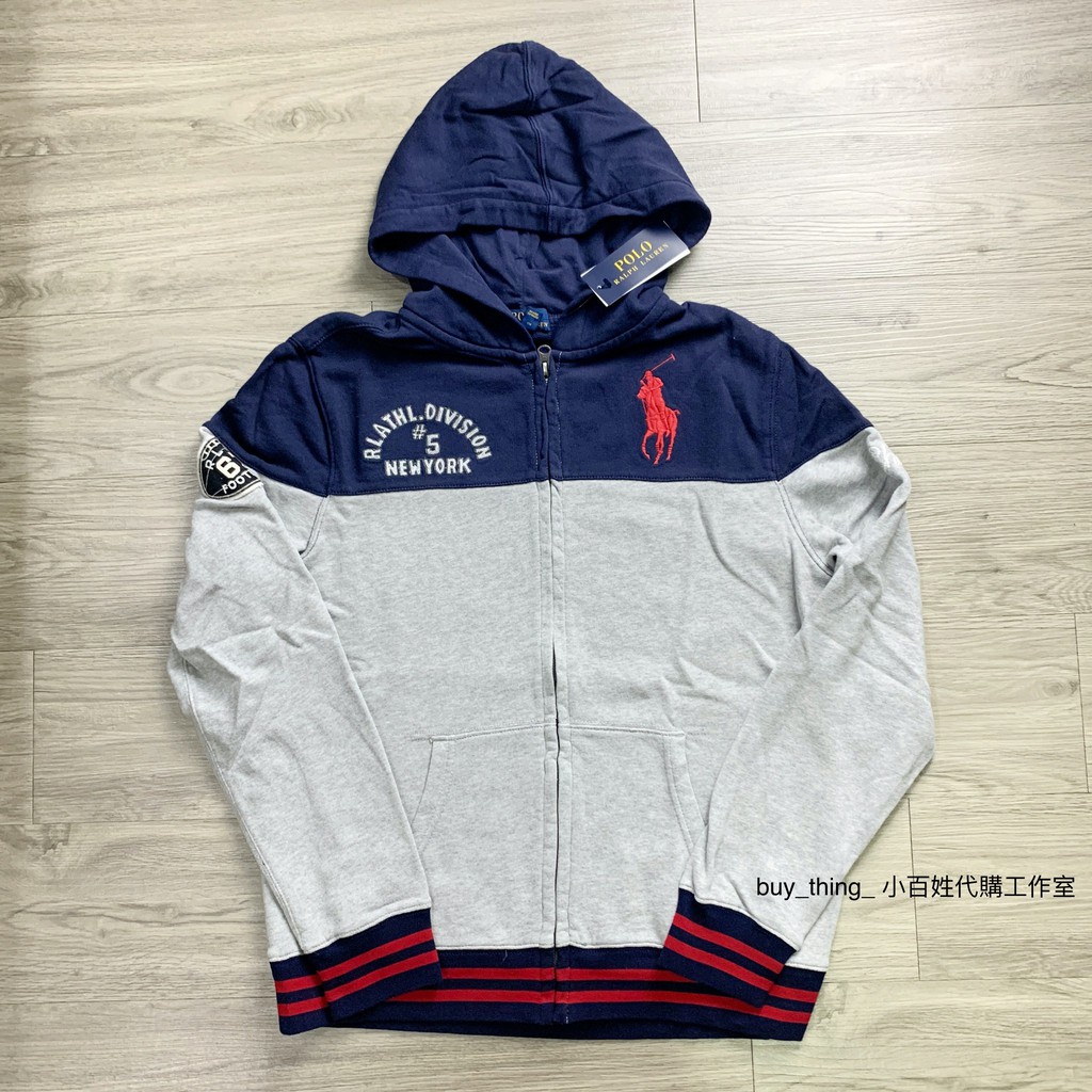 (小百姓美國正品代購) Polo Ralph Lauren 青年刺繡大馬 連帽外套 大logo 條紋 拼接 圖章 灰深藍