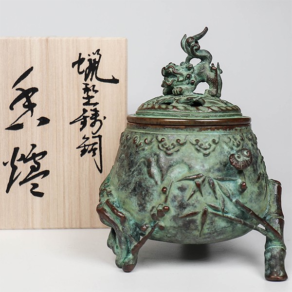 日本高岡銅器香爐二上常太郎三友紋-青銅色蠟型鑄銅脫蠟鑄造手工銅雕擺 