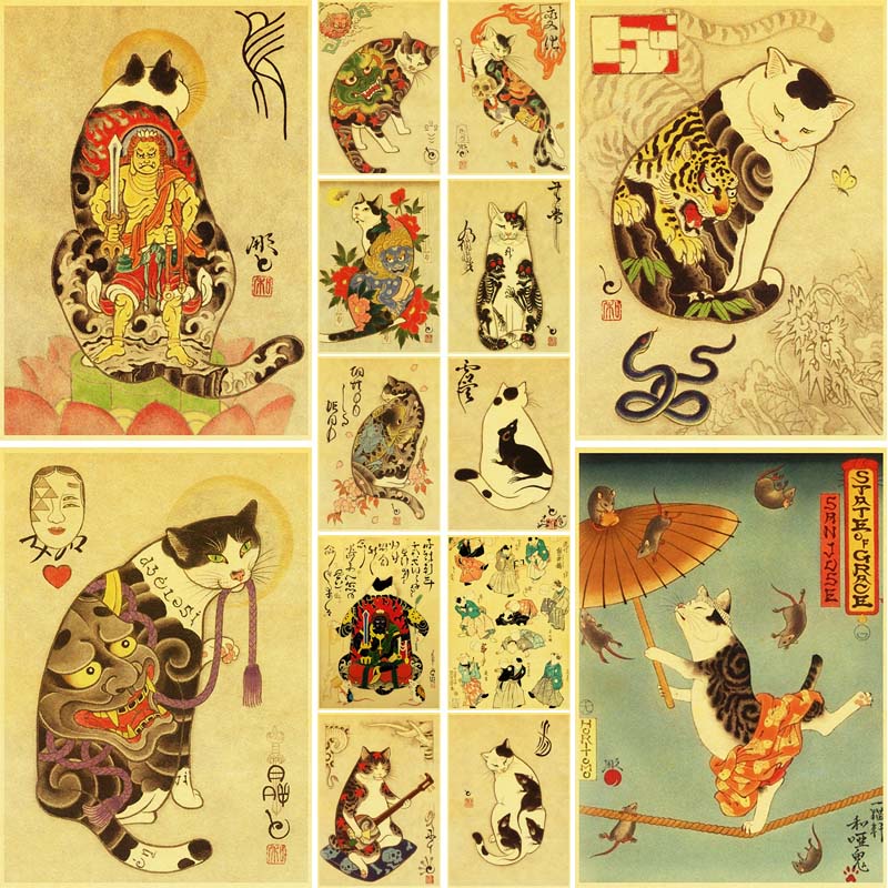 復古牛皮紙海報日本武士紋身貓海報復古壁畫藝術繪畫酒吧臥室裝飾貼紙