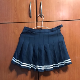 韓版學院風藍色白色壓條裙子，尺寸L