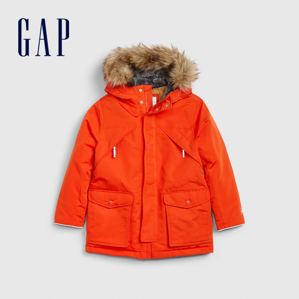 Gap 男童裝 保暖仿毛邊裝飾連帽派克大衣-橙色(592730)