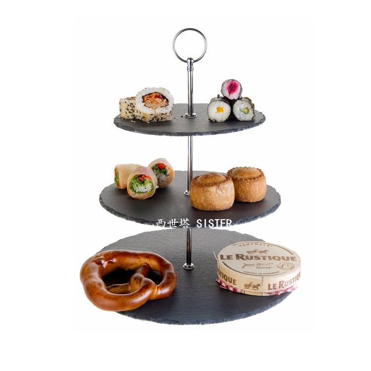 (現貨在台灣出貨)  天然西式板岩材質 三層蛋糕架 石頭圓形餐具 創意托盤 下午茶點心盤 下午茶蛋糕盤（優質）