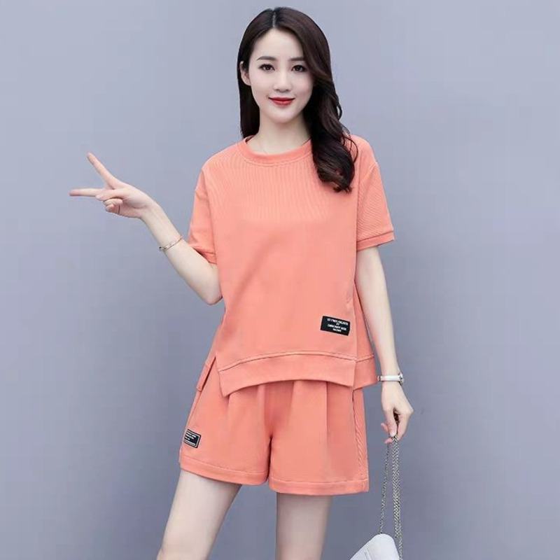 運動服套裝 女夏季韓版時尚短袖t恤圓領上衣+鬆束腰休閒短褲闊腿短褲兩件式套裝