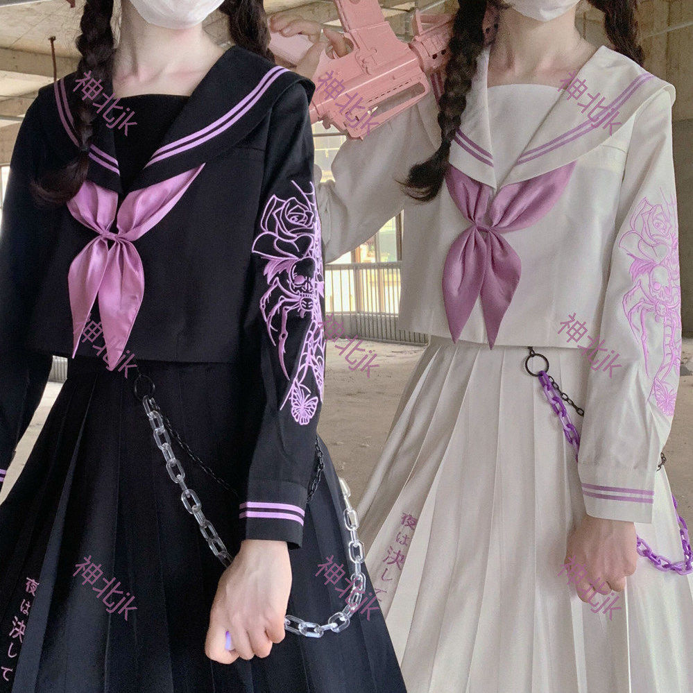 神北jk 原創鬼玫蝶jk制服長裙刺繡關西襟中間服不良水手服 蝦皮購物