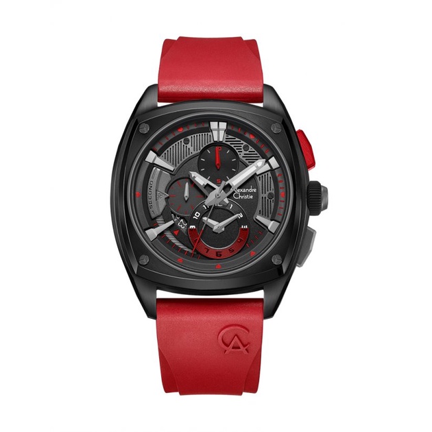 【柏儷鐘錶】Alexandre Christie AC手錶 火紅三眼計時 氟橡膠錶帶 6591MCREPBARE