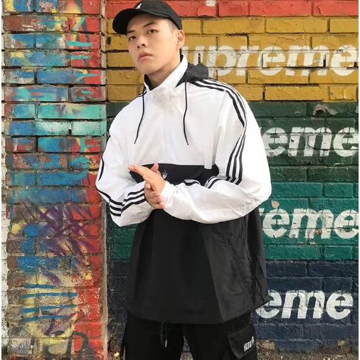 Adidas originals ED5662 男生防風帽子可收納黑白大LOGO 休閒上衣| 蝦皮購物