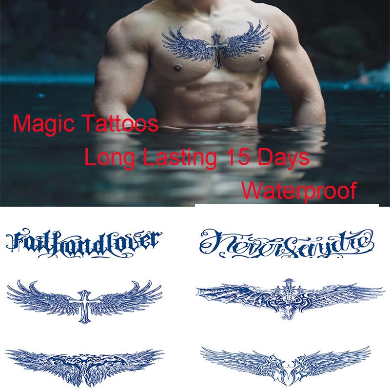 大號魔術紋身貼紙藍色持久 15 天胸部紋身防水翅膀英文字母圖案
