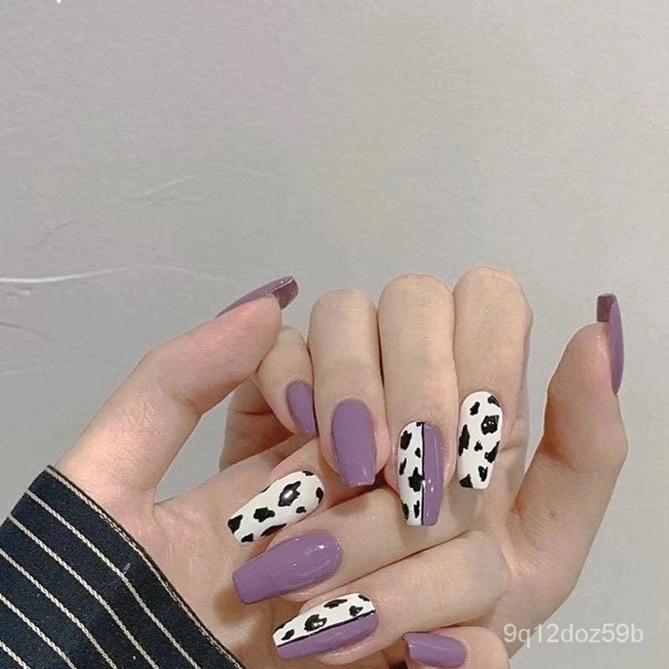 熱賣 Rusty Nail 生鏽釘歐美甜酷撞色紫奶牛紋穿戴式美甲貼片春夏新品 蝦皮購物