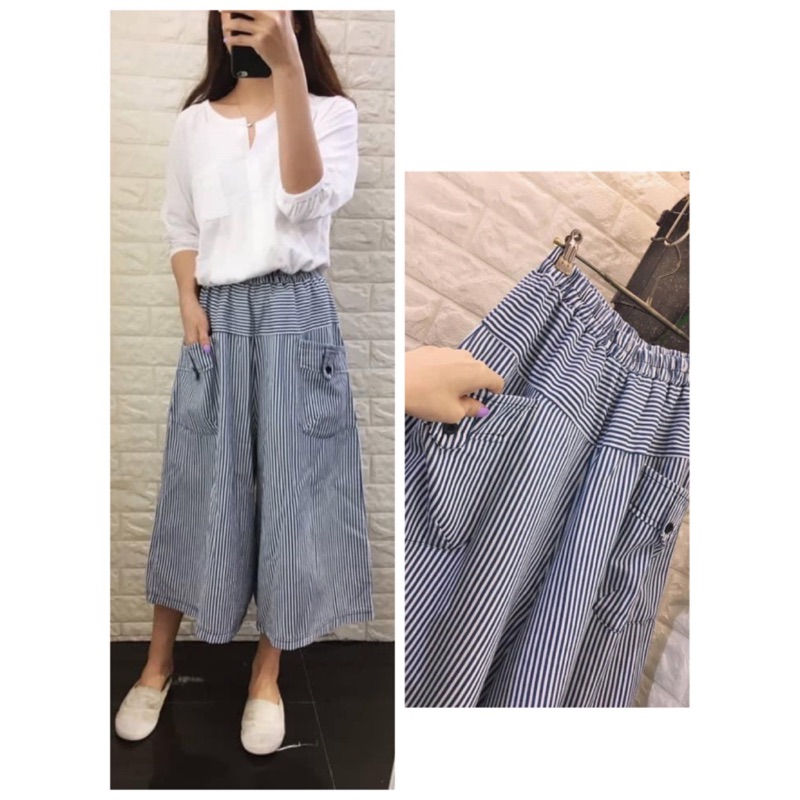 Malon 韓國細緻條口袋褲裙 正韓肉肉寬褲寬鬆闊腿褲直筒棉褲休閒褲長褲褲裙落地褲長褲裙顯瘦