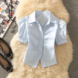 韓版polo領襯衫單排扣純色性感上衣可愛泡泡袖上衣