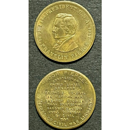 1853-1857富蘭克林·皮爾斯美國第14任總統紀念章，銅幣，錢幣，紀念幣，幣~美國第14屆總統富蘭克林·皮爾斯紀念章