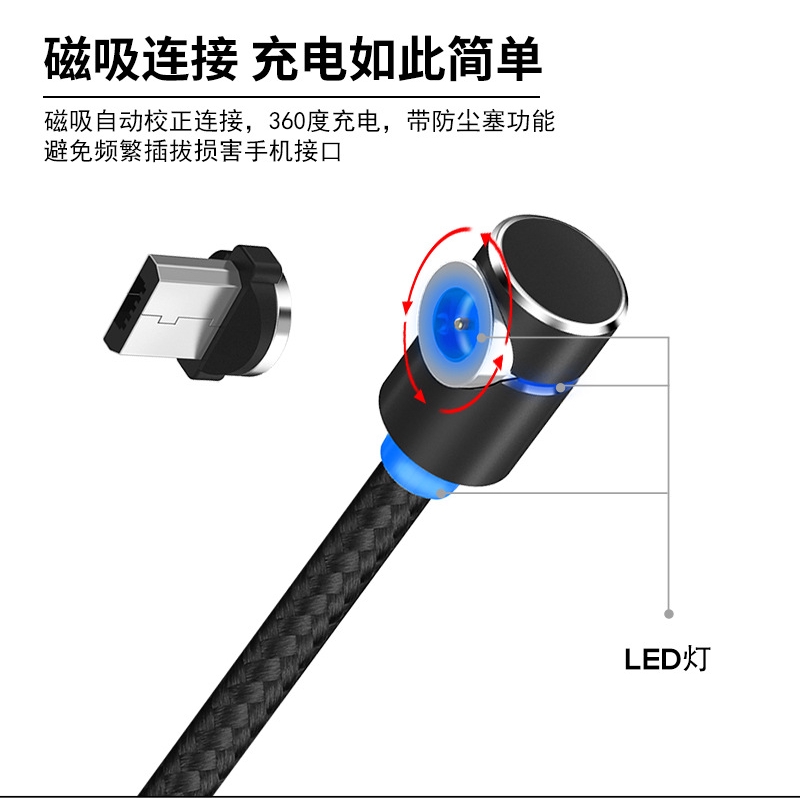 三合壹360度 編制彎頭磁吸充電線 適用於蘋果 安卓 Type C 盲吸 彎頭數據線尼龍圓形磁性充電線