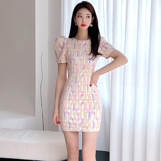 短袖洋裝 連身裙 禮服 正韓 性感洋裝 2022夏裝新款韓版氣質簡約緊身收腰顯瘦印花包臀時尚洋裝