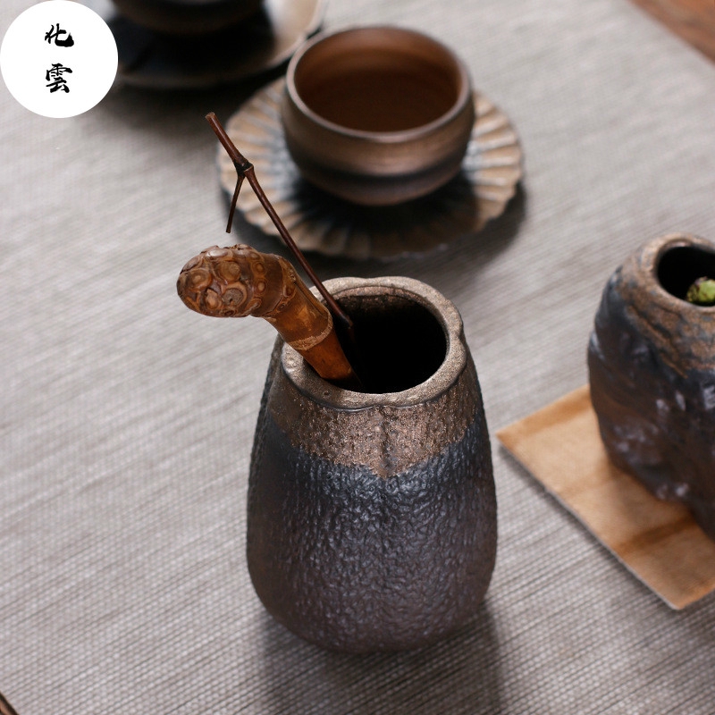 粗陶鎏金茶道茶筒 日式柴烧粗陶茶道六君子茶筒鎏金窯變功夫茶具配件 蝦皮購物