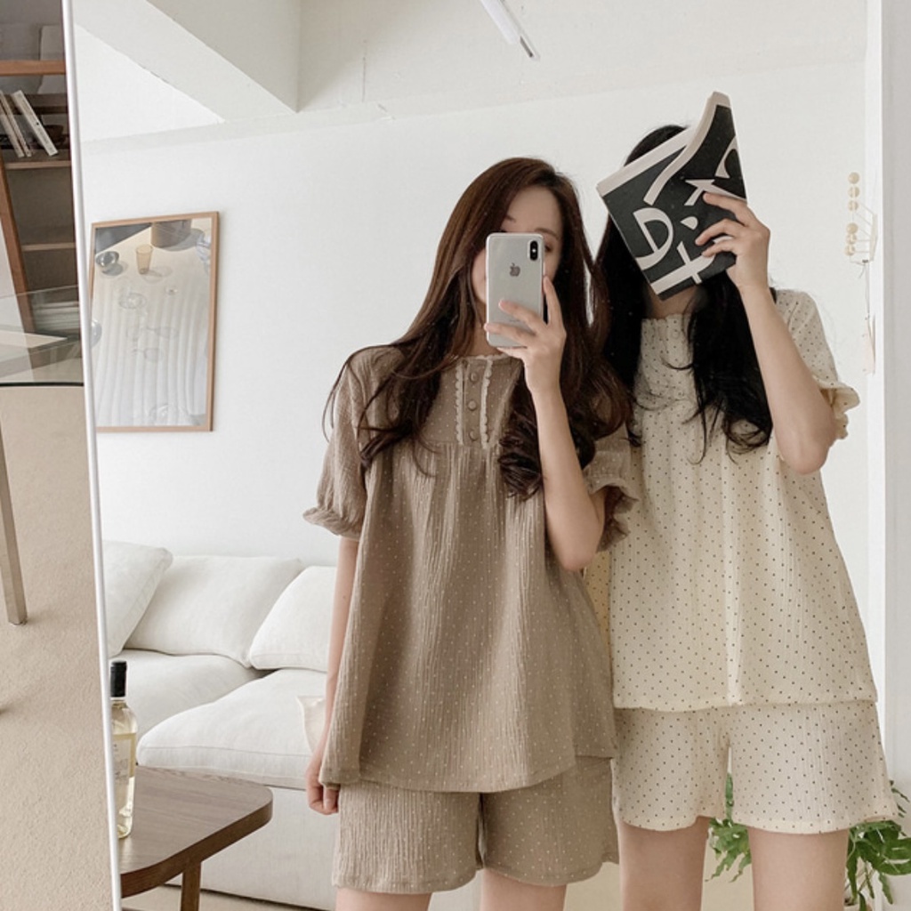 【XY Shop】💕Juuneedu 短袖 鈕扣 圓點蕾絲 睡衣 套裝 褲子 連身裙 韓國 睡衣 居家小物