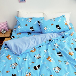 戀家小舖 台灣製床包 單人床包 床單 逗柴貓藍 床包枕套組 磨毛多工法處理