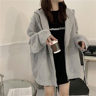 【K2aola女裝館】 Ready Stock灰色女式外套女式寬鬆韓版連帽衫學生拉鍊毛衣