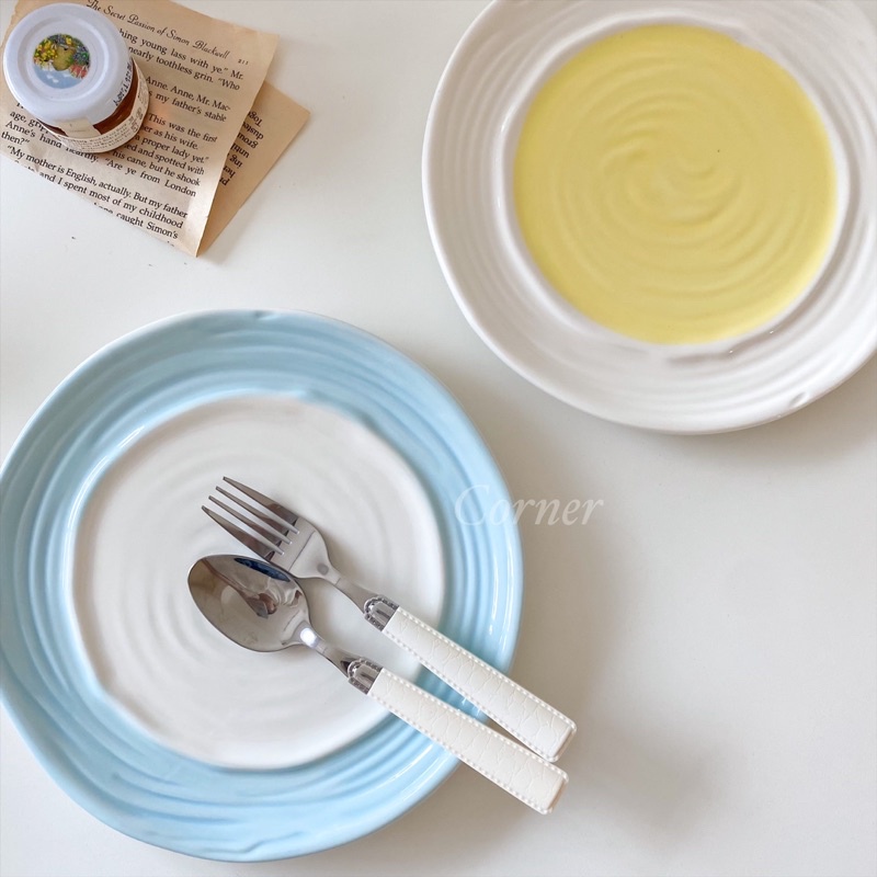 Corner🪴‹藍莓醬現貨›奶油抹醬 年輪沉甸甸陶瓷平盤 盤子 瓷餐盤 陶瓷盤子 造型盤子 碗盤 陶瓷盤 碗盤器皿 韓系
