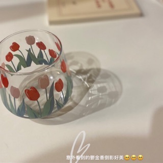現貨 限量神美歐膩鬱金香杯/玻璃杯 Oatmeal: 烤花/粉嫩/手繪感/文青/文藝浪漫/咖啡廳甜點