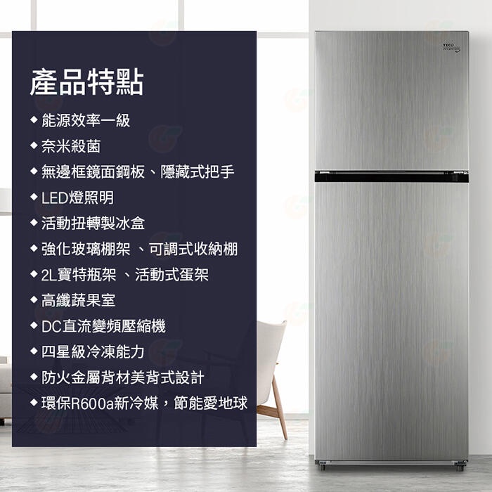 TECO東元334L雙門一級變頻冰箱R3342XS